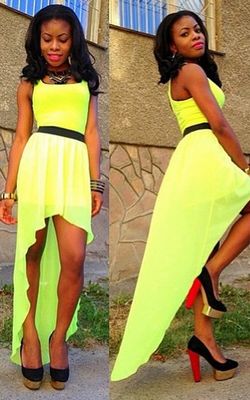 F2307 Yellow sleeveless asymmetry dress with belt